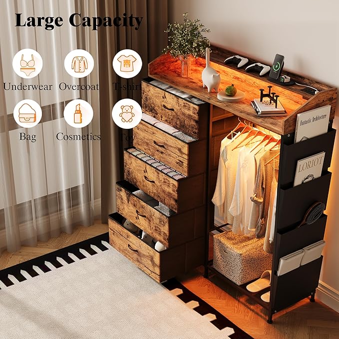 LUMTOK 2-in-1 Dresser with Hanging Racks,5 Fabric Drawers Dressers with LED Lights, Charging Station for Bedroom Living Room, Entryway, Closets (Rustic Brown)