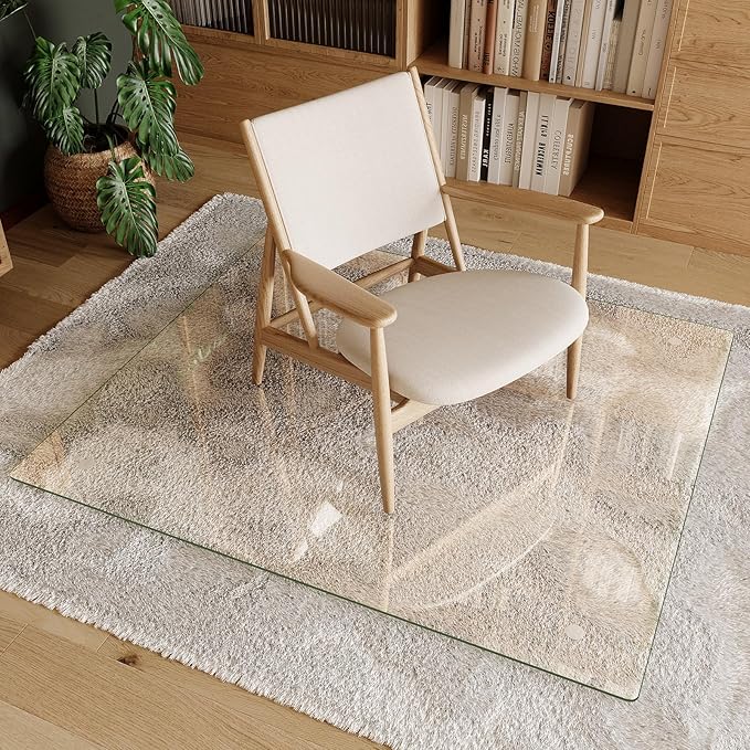 Koonmi Tempered Glass Chair Mat 42"x48" - Premium Office Chair Mat for Hardwood Floors & Low-Pile Carpet with 4 Non-Slip Pads - Thick Scratch-Resistant Surface