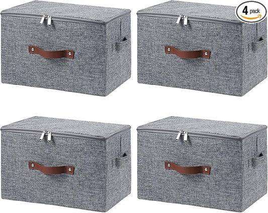 4 Pack Storage Bins with Zipper Lid Cotton Linen Fabric Lidded Storage Baskets Boxes Foldable Washable Closet Shelf Clothes Organizer Container with PU Leather Handles (Gray, Large)