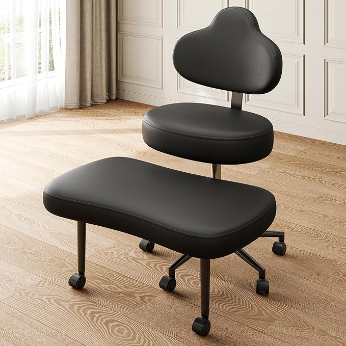 Pinmoco Cross Legged Office Chair with Wheels, Meditation Chair, ADHD Chair for Adults, Wider Height Adjustable Backrest and Seat, Yoga Office Chair, PU Leather, Black