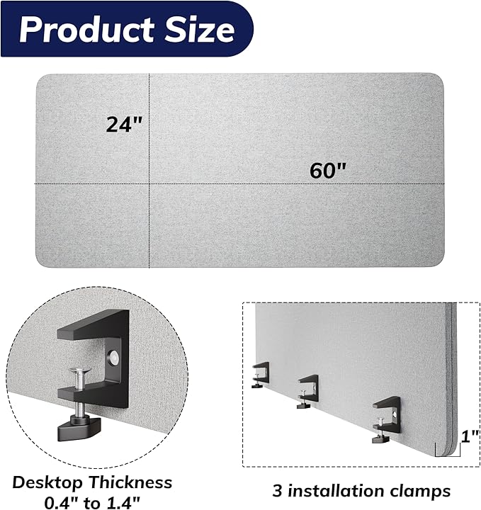 Desk Privacy Panel 24 x 60 Inch, Sound Absorbing & Proof Desk Divider for Office, Clamp-on/Screw-on Acoustic Desk Back Panel Partition, Gray