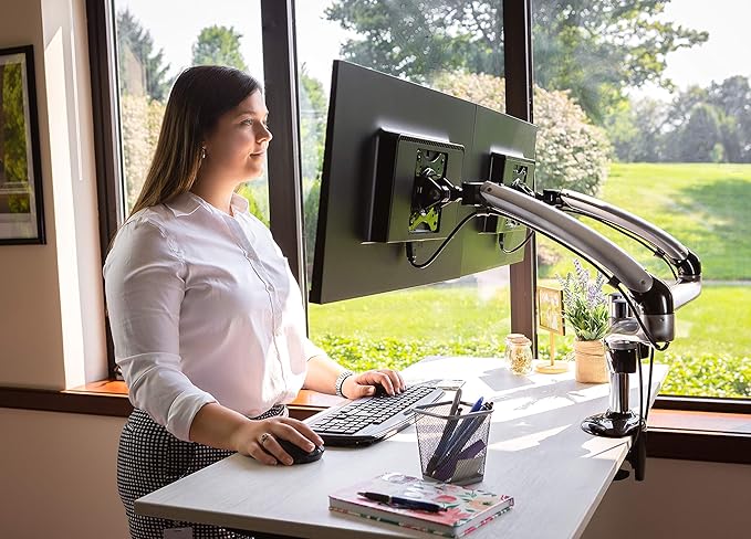 Ergotech Dual Freedom Arm, Includes Two Aluminum Articulating Arms, 8.4-17.8 lbs. Weight Capacity per Arm, Suitable for Monitors up to 27 inches, VESA Compatible 75×75, 100×100, Silver