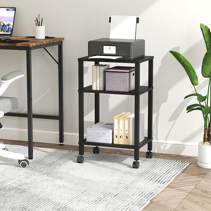 3-Tier Printer Stand with Storage, Mobile Printer Cart with Rolling Casters and Adjustable Feet, Under Desk Storage Shelf for Home Office, Black, 15.7" x 11.8" x 25.9"