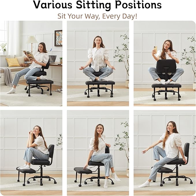 Ergonomic Criss Cross Legged Office Chair, ADHD Chair, 360° Swivel Meditation Kneeling Chair with Wheels, Adjustable Footrest, Bigger & Wider Height Adjustable Seat, Strong Lumbar Support, Black PU