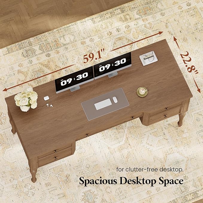 59in Wood Executive Desk with 4 Drawers, Farmhouse Home Office Desks with File Cabinet & Keyboard, Vintage Desk with Privacy Panel and Storage Shelf, Retro Desks for Working, Writing, Studying