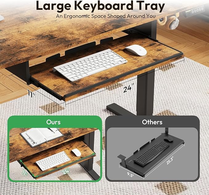 Electric Standing Desk with Keyboard Tray,55x24 inches Adjustable Height Stand Up Desk,3 Preset Heights,Equipped with Hooks,Raising Desks for Home Office and Computer Workstation,Brown