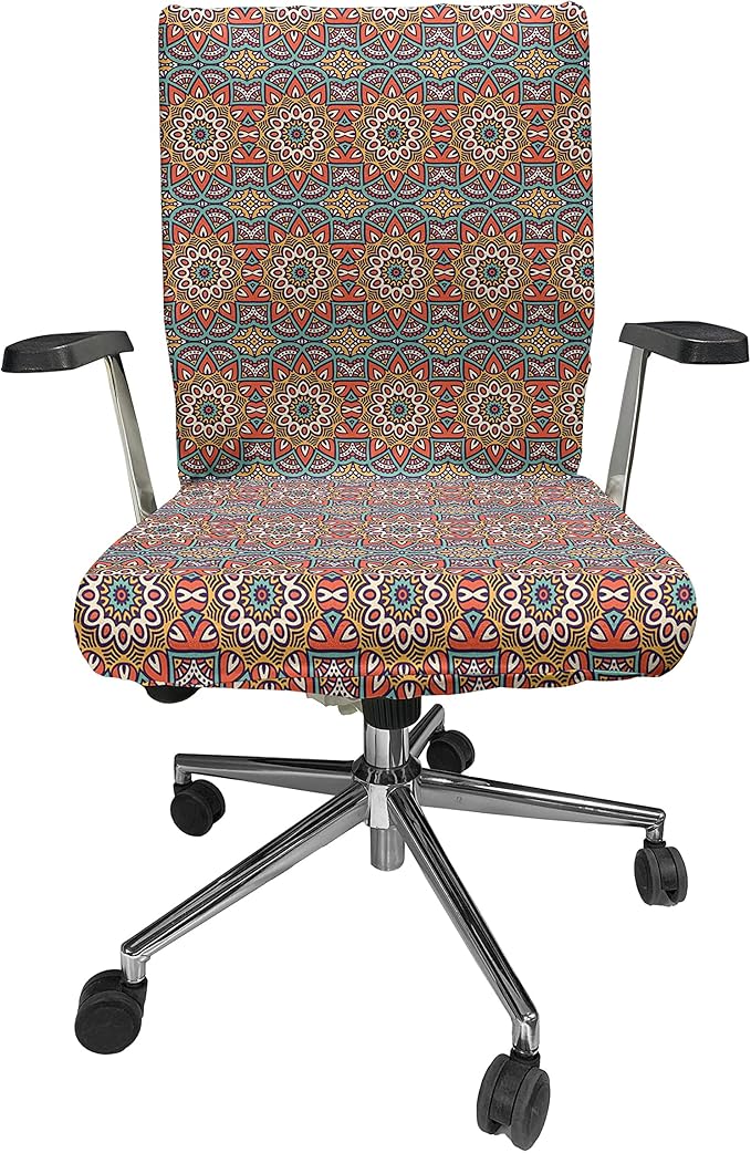 Ambesonne Mandala Office Chair Cover, Nature Inspired Floral Abstraction in Retro Colors Ornamental Petals, Stretchable Decorative Universal Size High Back Printed Slipcover, Turquoise Orange