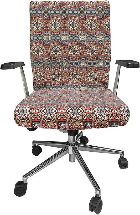 Ambesonne Mandala Office Chair Cover, Nature Inspired Floral Abstraction in Retro Colors Ornamental Petals, Stretchable Decorative Universal Size High Back Printed Slipcover, Turquoise Orange