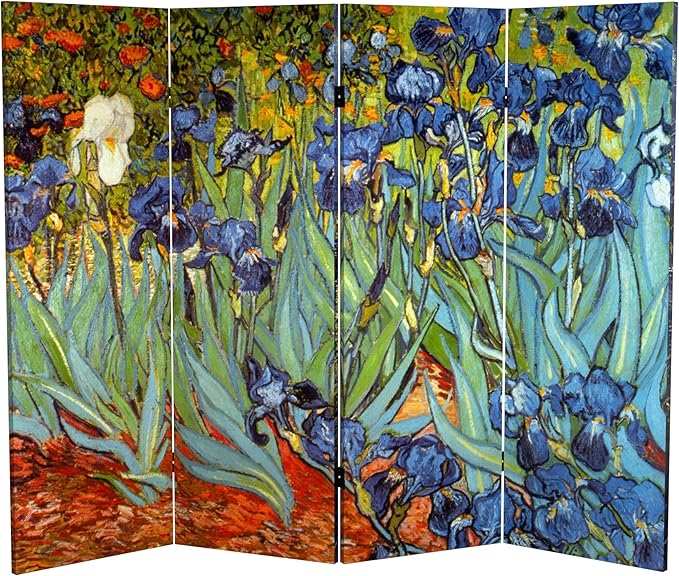 Red Lantern 4 ft. Short Double Sided Works of Van Gogh Canvas Folding Screen Irises/Starry Night Over Rhone 4 Panel Freestanding Partition and Separator for Modern and Contemporary Bedroom Home Office