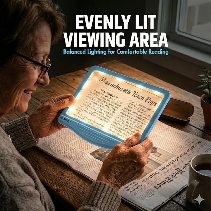 MagniPros 5X Rechargeable Large Ultra Bright LED Page Magnifier with Anti-Glare Lens & 3 Color Light Modes, Relieve Eye Strain- Ideal for Reading Small Print, Low Vision, Seniors