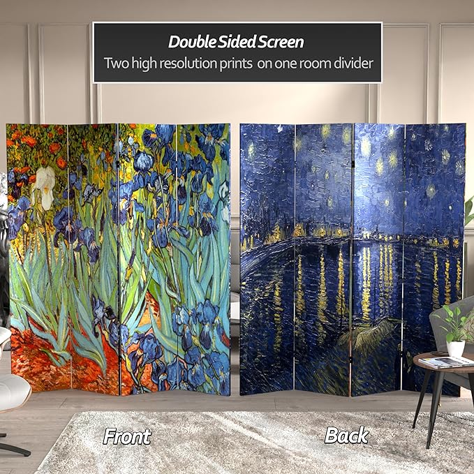 Red Lantern 6 ft. Tall Double Sided Works of Van Gogh Canvas Room Divider - Irises/Starry Night Over Rhone 4 Panel Freestanding Folding Privacy Screen Partition Separator for Modern and Contemporary