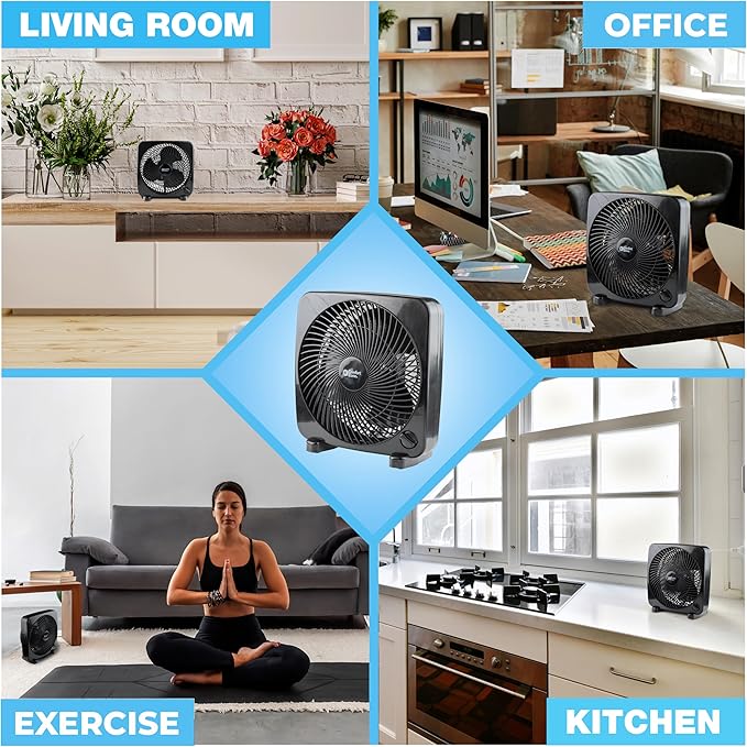 Comfort Zone 9-inch Portable Box Fan – Compact Desktop Cooling Fan with 3-Speeds, Quiet Operation, Built-in Carry Handle & Safety Grill – ETL Listed for Home, Office, or Dorm – Black