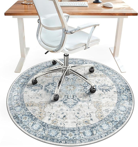 60"x60" Office Chair Mat for Hardwood Tile Floor, Under Desk Carpet Protector for Rolling Computer Chair Mat, Machine Washable Round Area Rug, Anti-Slip 1/5" Thick Low Pile Thin Floor Mat, Blue