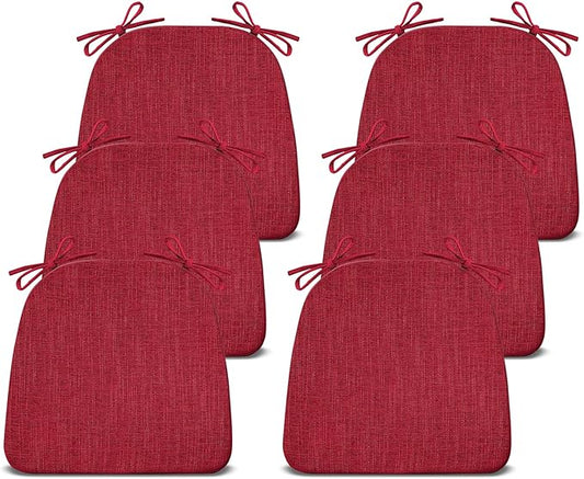 IASEAHK Chair Cushions for Dining Chairs Set of 6, Non Slip Kitchen Chair Pads, 17" x 16" x 2", Indoor Dining Chair Cushions with Ties, D-Shaped Seat Cushions for Kitchen Chairs, Red
