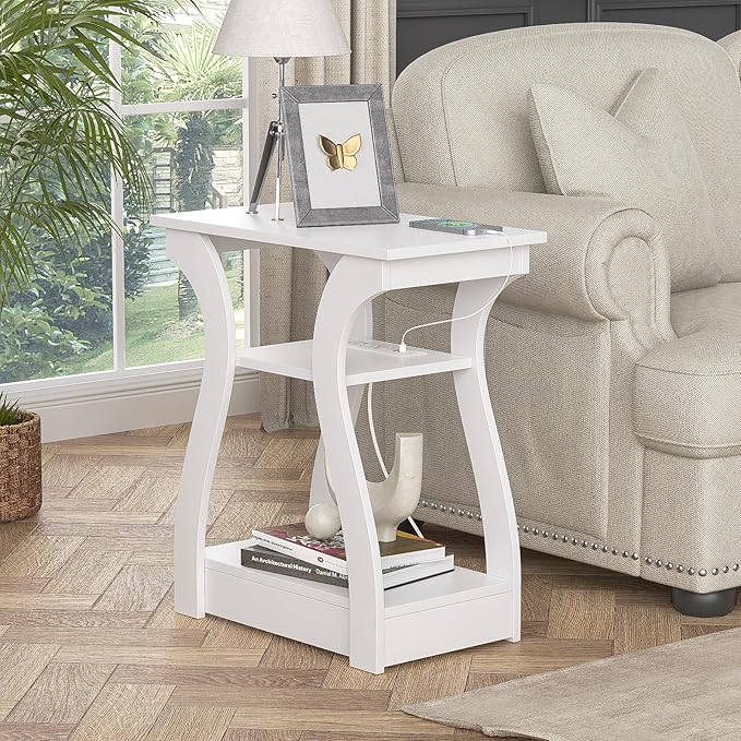 FROMJBEST End Tables Living Room, White End Table with Charging Station,White Side Table, Nightstand for Bedroom, 3 Tier End Table with Storage Shelf for Living Room