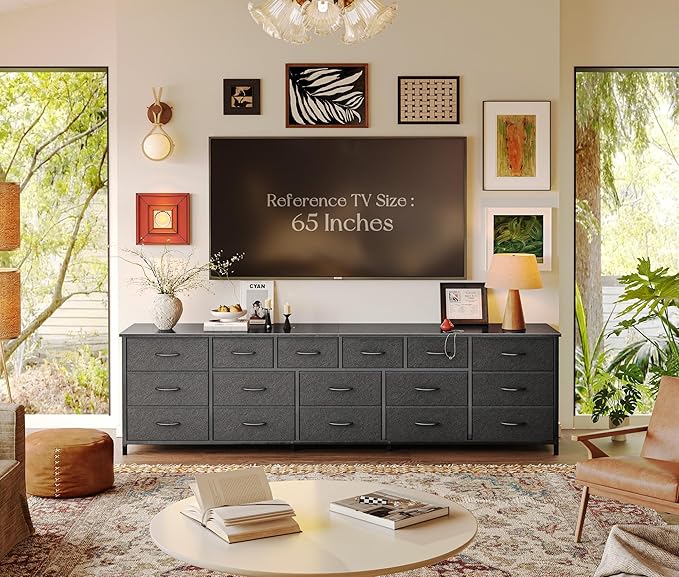 Huuger 77.6" Long Dresser for Bedroom, 16 Drawer Fabric Dresser for Closet, Wide Chest of Drawers with Storage, TV Stand for 65, 75, 85 Inch TV, 77.6" W x 12.9" D x 26.7" H, Black