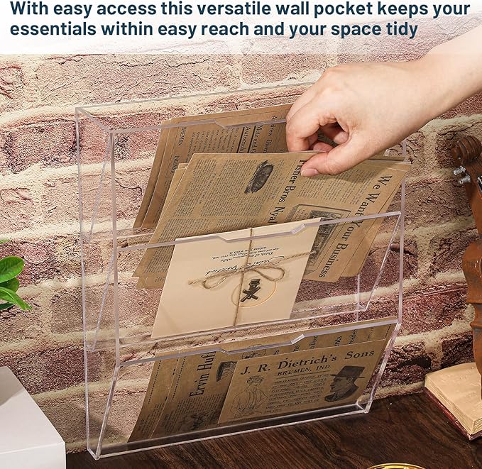 Chunful 3 Tier Mail Sorter Wall Letter Holder Clear Acrylic Wall Mounted Mail Organizer Hanging File Envelope Pocket Plastic Mount Document Holder for Home Office Entryway