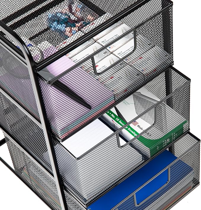 Mind Reader Office Storage Organizer with Mesh Drawers and Optional Wheels, Desktop and Under Desk Use, Metal Mesh, Black
