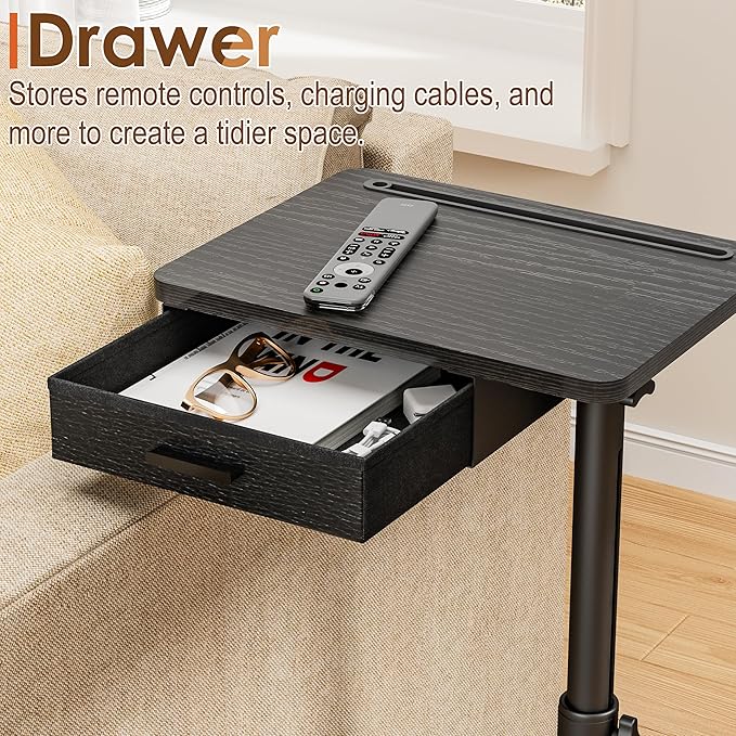 TV Tray with Drawer & Device Slot, Swivel Height Adjustable bedside table, Sofa Side Table for Eating, C Shaped Couch Table for Living Room & Bedroom, Portable Snack End Table for Couch & Bed, Black