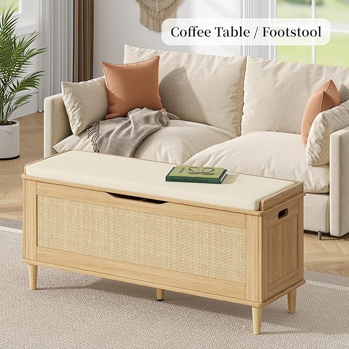 Keehusux 47.2" Extra Large Storage Bench with Cushion, Rattan Storage Chest with 2 Safety Hinges, Blanket Chest with Solid Wood Legs and Rounded Corners for Entryway, Bedroom, Living Room, Natural Oak