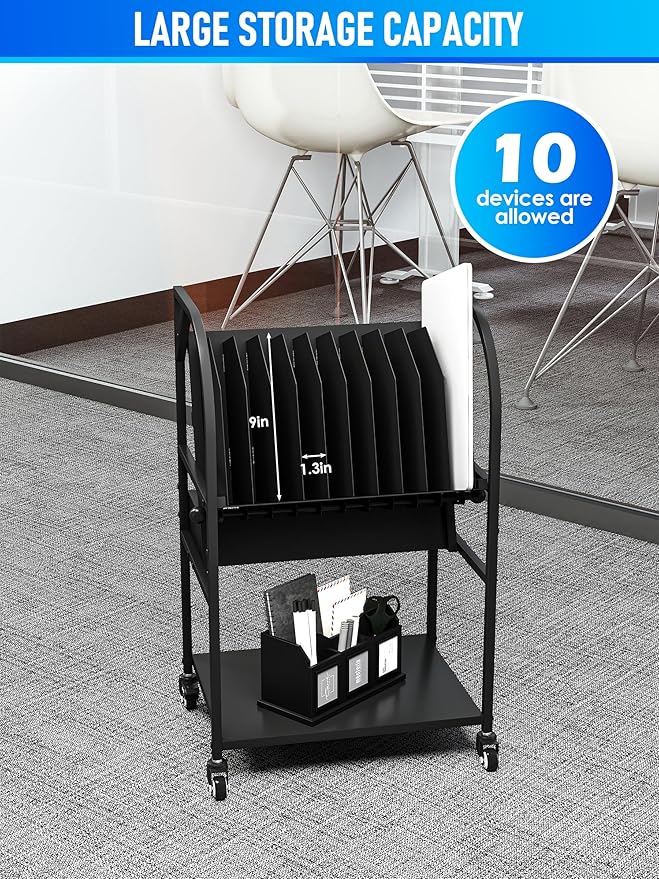Laptop Charging Station 10-Device Rolling Open Charging Cart for Laptops Tablets Chromebooks Laptop Storage Rack with Removable Dividers Lockable Wheels for Office Classroom Library