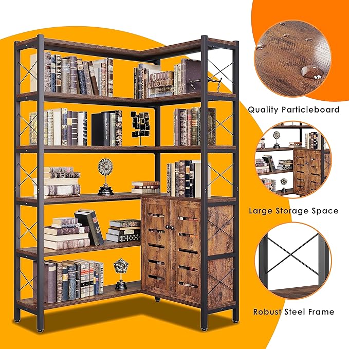 Wildhome 6-Shelf Corner Bookshelf, Vintage Industrial Corner Shelf Etagere Bookcase, Large Book Shelf with Metal Frame Open Storage Corner Cabinet (Brown-Lockers)