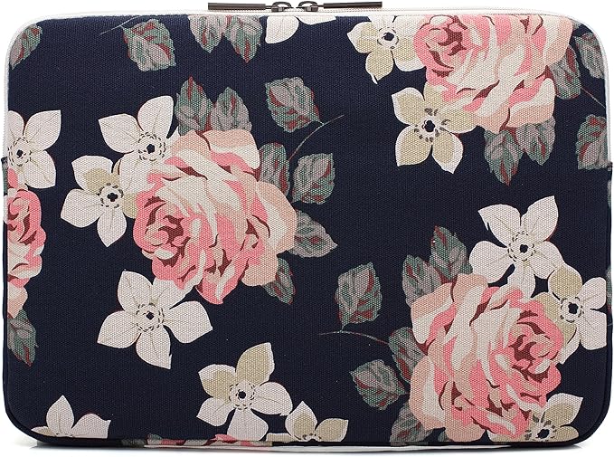 Canvaslife White Rose Pattern 13 inch Canvas Laptop Sleeve with Pocket 13 inch 13.3 inch Laptop case 13.1 case 13.6sleeve